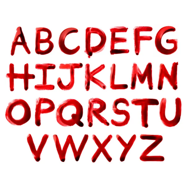 Bloody Font Letters Drawn Real Red Paint Looking Blood Isolated — Stock Photo, Image
