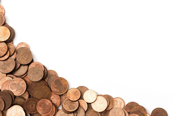 大堆闪闪发光的小价值铜欧元硬币描绘了一幅衰退图 通货膨胀和财政失败的概念 — 图库照片
