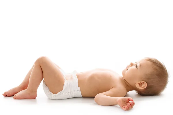 Adorabile Bambino Pannolino Sdraiato Sulla Schiena Sfondo Bianco — Foto Stock
