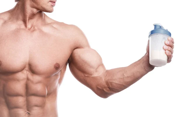 Muskulös Kroppsbyggare Med Shaker Full Vassleprotein Vit Bakgrund — Stockfoto