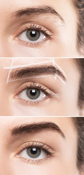 Jämförelse Kvinnliga Bryn Efter Korrigering Ögonbrynsform Eller Permanent Makeup — Stockfoto