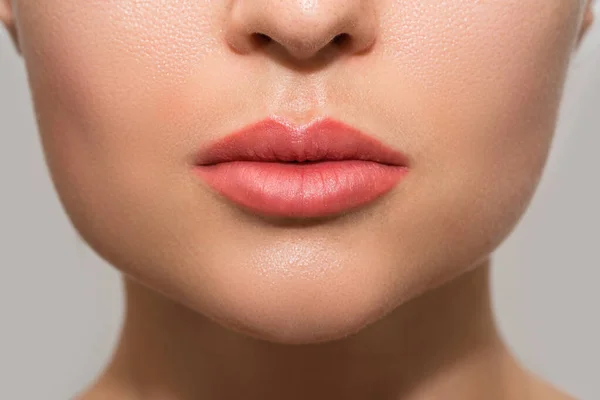 Fechar Lábios Femininos Após Procedimento Rubor Labial Maquiagem Permanente — Fotografia de Stock