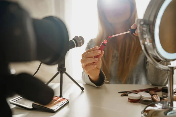 Closeup Female Hands Lipstick Brush Applicator Woman Beauty Blogger Making — Stock Photo, Image