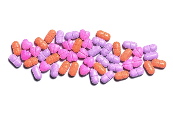 Detailní Záběr Hromadu Barevných Vitaminů Pilulek Bílém Pozadí — Stock fotografie