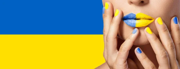 Closeup Female Lips Yellow Blue Lipstick Ukrainian Flag Background — Stock Photo, Image