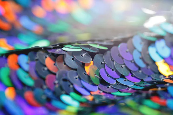 Closeup Shot Shiny Multicolored Sequin Fabric Made Linked Colorful Metallic — Stock Photo, Image