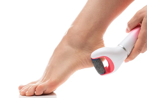 Nahaufnahme Weiblicher Füße Und Elektrischer Fußfeile Zur Entfernung Von Schwielen — Stockfoto