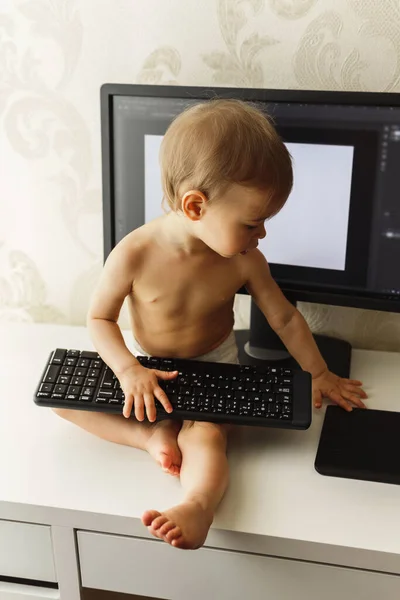 Little Boy Sitting Desk Playing Computer Peripherals Home Office Workplace — Stock Photo, Image