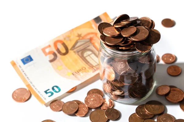 Closeup Shot Fifty Euro Banknote Glass Jar Full Shiny Copper — Stock Photo, Image