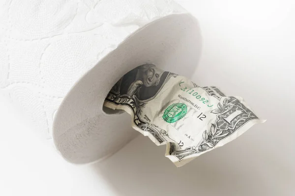 Closeup Shot Crumpled One Dollar Bill Put Toilet Paper Roll — Stock Photo, Image