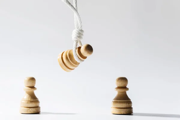 Closeup Shot Wooden Chess Pawn Hanging White Rope Other Pawns — Stock Photo, Image