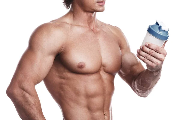 Muskulös Kroppsbyggare Med Shaker Full Vassleprotein Vit Bakgrund — Stockfoto