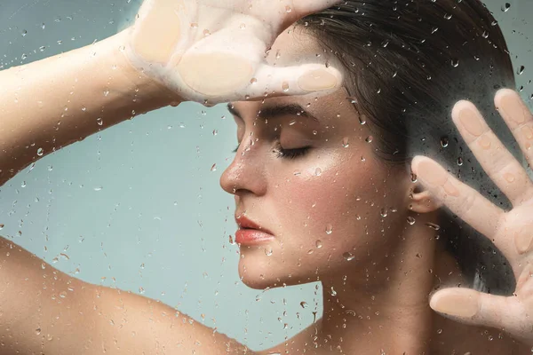 Portrait Beautiful Sensual Woman Captured Wet Glass — Stock Photo, Image