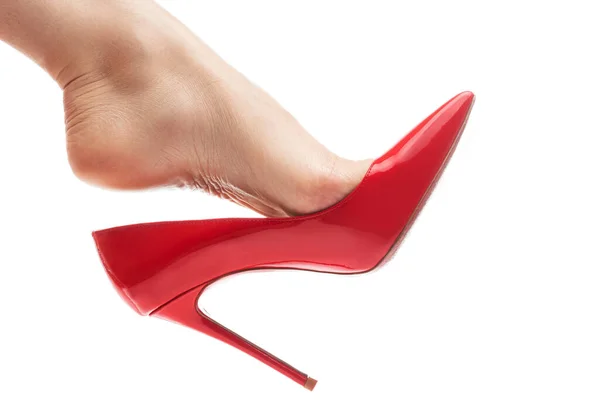 Closeup Female Foot Red Stiletto Heels Shoe White Background — Stock Photo, Image
