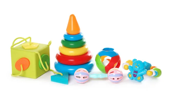 Primer Plano Una Colección Juguetes Plástico Colores Rompecabezas Para Niños —  Fotos de Stock