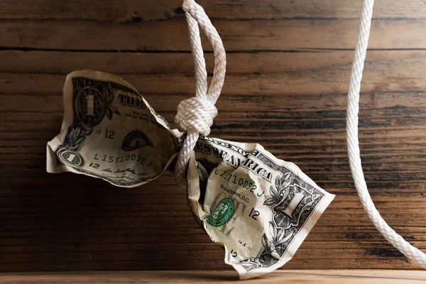Crumpled Dollar Bill Hanging Tightly Knotted White Rope Concept Money — Stock Photo, Image