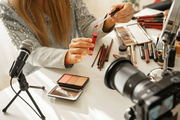 Closeup Female Hands Lipstick Brush Applicator Woman Beauty Blogger Making — Stock Photo, Image