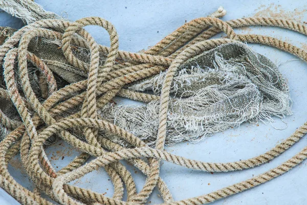 Closeup Shot Shabby Coil Nautical Rope Tangled Bottom Fishing Boat — Stock Photo, Image