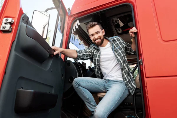 Young Smiling Male Truck Driver His Red Cargo Truck Happy — Stock Photo, Image