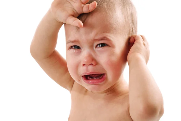 Närbild Skott Bedårande Upprörd Liten Pojke Gråter Vit Bakgrund — Stockfoto