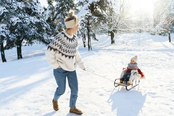 Mother Her Cute Little Son Wearing Warm Sweaters Having Sledding — Stock Photo, Image