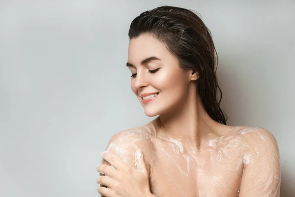 Young Sensual Woman Washing Her Body Shower Gel — Stock Photo, Image