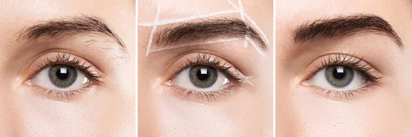 Jämförelse Kvinnliga Bryn Efter Korrigering Ögonbrynsform Eller Permanent Makeup — Stockfoto