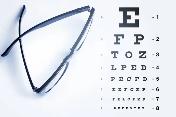 Background with eye chart for visual acuity testing and black rimmed eyeglasses