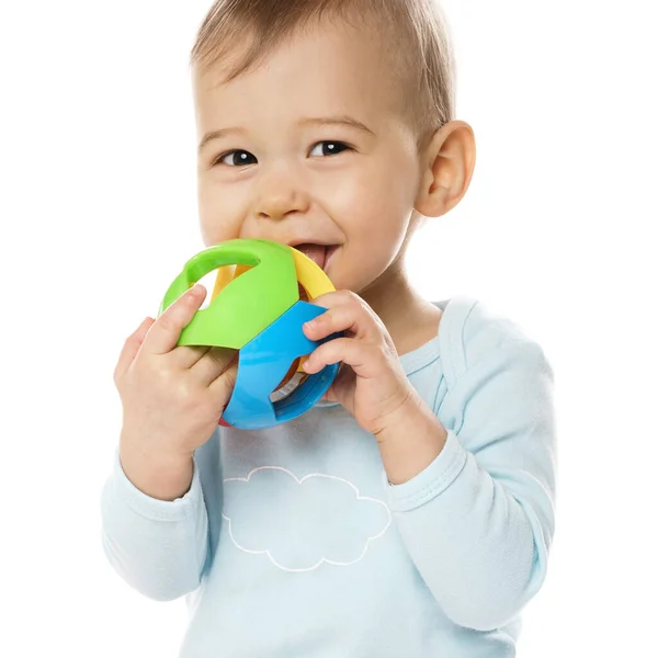 Adorable Little Boy Romper Playing Plastic Toy Putting His Mouth — Stock Photo, Image