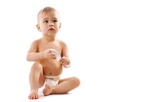 Bebek Bezli Sevimli Sağlıklı Bir Çocuk Beyaz Arka Planda Bir — Stok fotoğraf