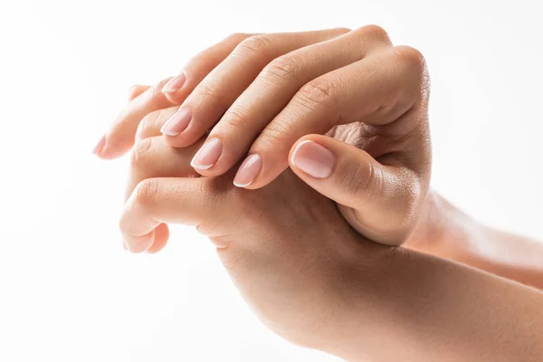 Close Van Vrouwelijke Handen Met Zachte Huid Mooie Franse Manicure — Stockfoto