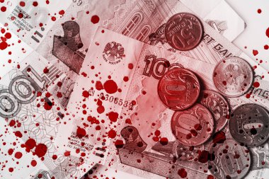 Blood and russian ruble money. Concept of illegal, criminal earnings and war profiteer. clipart