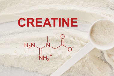Closeup of scoop with creatine monohydrate supplement and chemical formula clipart