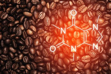 Background of roasted coffee beans and caffeine formula clipart