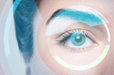 Close-up of female eye with HUD display. Concepts of augmented reality and biometric iris recognition or visual acuity check-up clipart