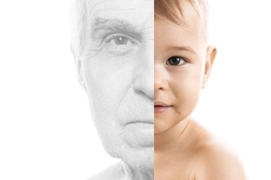 Yaşlı bir adam ve erkek bebeğin portresi. Yeniden doğuş ve yaşam döngüsü kavramı.