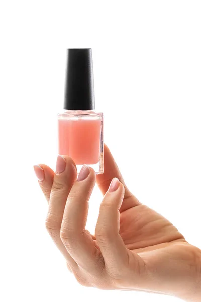 stock image Closeup of female hand with beautiful french manicure holding bottle of pink nail polish against white background