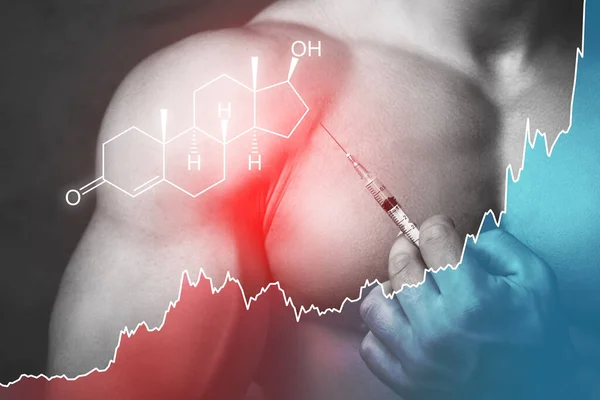 Kulturista Injekční Stříkačkou Testosteron Vzorec Rostoucí Graf Používání Anabolických Steroidů — Stock fotografie