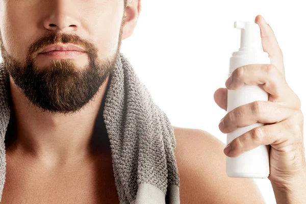 Uomo Con Schiuma Detergente Barba Sfondo Bianco — Foto Stock