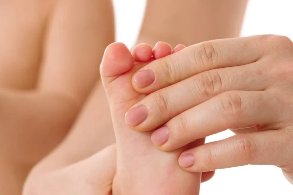 Closeup Shot Mother Gently Massaging Her Little Child Feet Soles — Stock Photo, Image