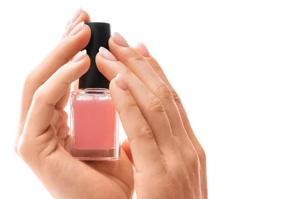 Closeup Female Hands Beautiful French Manicure Holding Bottle Pink Nail — Stock Photo, Image