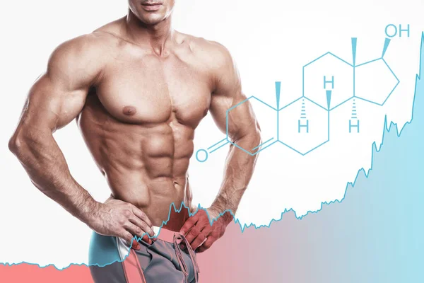 男性の胴 テストステロンの式と上昇チャートを細断 ホルモンの増加方法またはアナボリックステロイドの使用の概念 — ストック写真