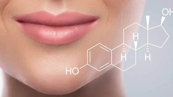 Close Beautiful Female Lips Estradiol Hormone Formula — Stock Photo, Image