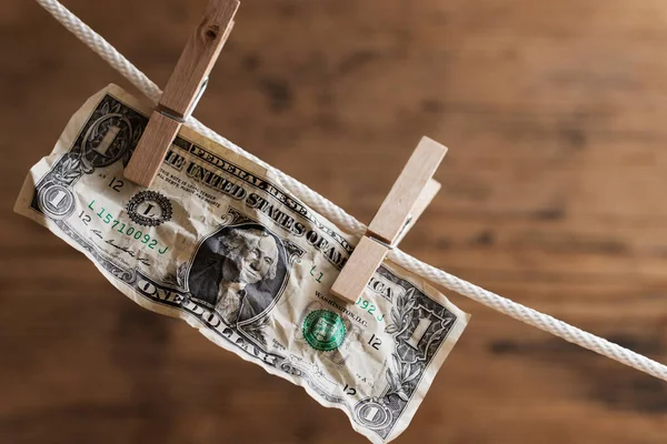 One Dollar Bill Drying White Rope Held Laundry Pins Councept — Stock Photo, Image