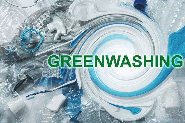 Pilha Resíduos Plástico Letras Greenwashing Conceito Greenscamming Verde Marketing Fraude — Fotografia de Stock