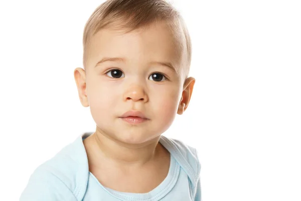 Beyaz Arka Planda Küçük Sevimli Bir Çocuğun Meraklı Yüzünün Yakın — Stok fotoğraf