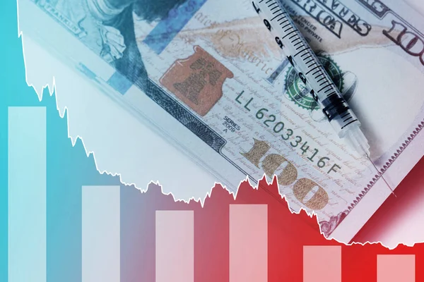 Banknoty Strzykawka Sto Dolarów Sparkline Wykres Ukazujący Recesję Gospodarki Pandemii — Zdjęcie stockowe