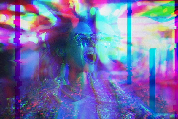 Young Woman Having Psychedelic Trip Hallucinations Drug Abuse Noise Glitch — Stock Photo, Image