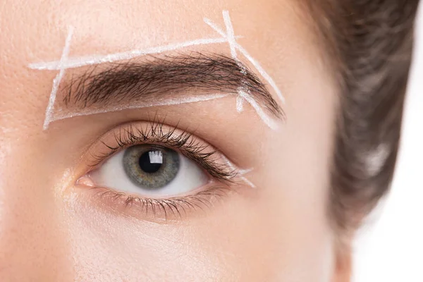 Closeup Female Face Professional Eyebrow Mapping Procedure Permanent Makeup — Stock Photo, Image