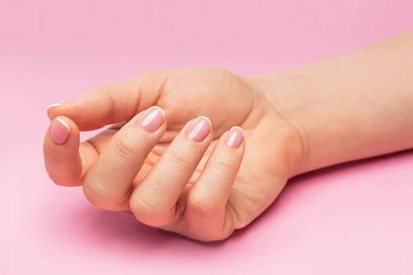 Closeup Female Hand Soft Skin Beautiful French Manicure Pink Background — Stock Photo, Image